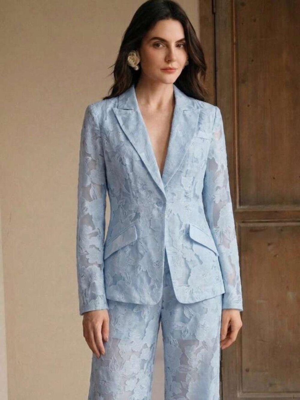 Anewsta Elegant Light Blue Floral Jacquard Women's Suit 2 piece Set- Never worn